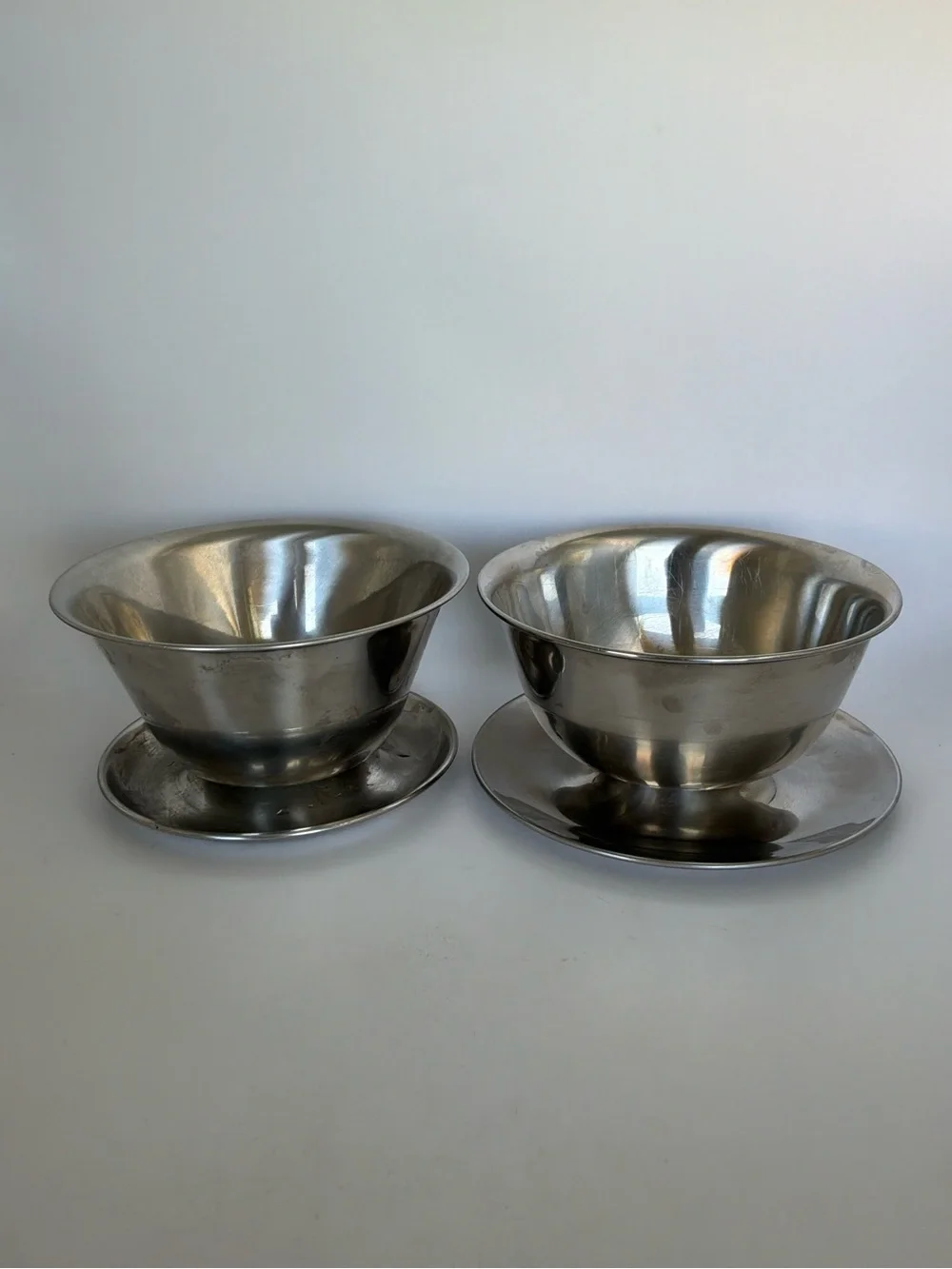Vintage Stainless Steel Sauce Bowls with  Attached Underplates Set of 2